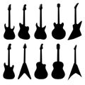 Big set of acoustic guitars and electric guitars Royalty Free Stock Photo