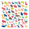 Big set of animals silhouettes in cartoon style. Wild life