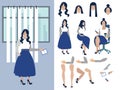 Big set for the animation of a businesswoman character on a white background. View straight, side, back flat
