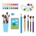 Big set or art supplies for painting and drawing. Different brushes, eraser, pencil, paints, color palette and painting