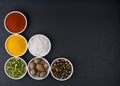 A variety of Asian spices in ceramic bowls top view Royalty Free Stock Photo