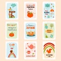 Big set of autumn greeting cards. Cozy quotes and cute things. Royalty Free Stock Photo