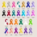 Big set of awareness ribbons, multicolored cancer awareness ribbons Icons. Royalty Free Stock Photo