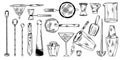 Big set of bar accessories, shakers, strainers, jigger, barspoon, mixing glass, line art style
