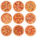 Big set of the best Italian pizzas isolated on white background. Royalty Free Stock Photo