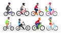 Big set with bicycles of different types and colors with cyclists in helmets. Royalty Free Stock Photo