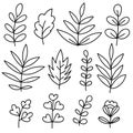 Big set of black hand drawn thin line cute doodle floral icons, flowers, peony, laurel, wreath. Royalty Free Stock Photo