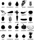 Big set of black silhouettes of different vegetables and fruits in flat style