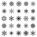 Big set of black vector snowflake icons on a white background. Winter decorative elements Royalty Free Stock Photo
