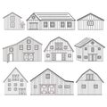 Big set of black white red wooden barns with windows, doors. Isolated vector houses icons on the white background for Royalty Free Stock Photo