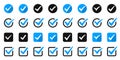 Big set of blue check or tick icons for design