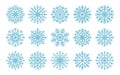 Big set of blue snowflakes of different geometric shapes. Snowflake winter design, decor, Christmas cold flakes crystal