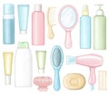 Big set of bottles for cosmetics, combs, hair dryer, curlers and hairpin