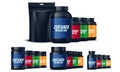 Big set of bottles for sports nutrition. Royalty Free Stock Photo