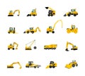 Big set of bulldozer loader vector isolated on white. Dusty digger, excavator dozer. Under construction. Building machine bager.