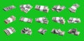Big set of bundles of US dollar bills isolated on chroma key green. Collage with many packs of american money with high resolution Royalty Free Stock Photo