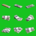 Big set of bundles of US dollar bills isolated on chroma key green. Collage with many packs of american money with high resolution Royalty Free Stock Photo