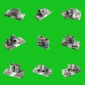 Big set of bundles of US dollar bills isolated on chroma key green. Collage with many packs of american money with high resolution Royalty Free Stock Photo