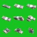 Big set of bundles of US dollar bills isolated on chroma key green. Collage with many packs of american money with high resolution