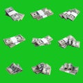 Big set of bundles of US dollar bills isolated on chroma key green. Collage with many packs of american money with high resolution Royalty Free Stock Photo