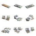 Big set of bundles of US dollar bills isolated on white. Collage with many packs of american money with high resolution on perfect Royalty Free Stock Photo