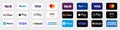 Big set of buttons for online payments, company logos: Visa, Mastercard, Paypal, American Express, Bitcoin, Amazon Pay, Apple Pay