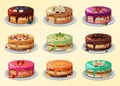 Big set of cakes in cartoon style.