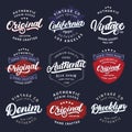 Big set of California, Vintage, Brooklyn, Denim, Original and Authenic hand written lettering for label, badge, tee print. Royalty Free Stock Photo
