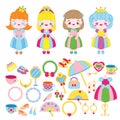 Big set of cartoon girls princess and accessories. Shoes, purse, necklaces and other girlish objects. Clip art collection for