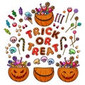 Big set of cartoon Halloween pumpkins, candies and sweets. Trick or Treat. Vector. Royalty Free Stock Photo