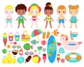 Big set of cartoon summer girls and boys and beach fun accessories. Ice cream, diving mask, cocktail, bucket and other summertime