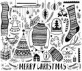 Big set of Christmas design element in doodle style. Hand draw collection New Year. Decorative drawing. Royalty Free Stock Photo