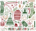 Big set of Christmas design element in doodle style. Hand draw collection New Year. Decorative drawing. Royalty Free Stock Photo