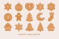 Big set Christmas gingerbread: gingerbread houses, crescent, gingerbread man, snowflakes, sock, Christmas tree, bell, star, new ye Royalty Free Stock Photo