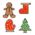 Big set Christmas gingerbread: gingerbread man sock Christmas tree on white background. Vector illustration. Design element for Royalty Free Stock Photo