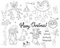Big set of Christmas and New Year design elements in doodle style. Vector illustration. Isolated drawings Royalty Free Stock Photo