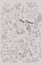 Big set of Christmas and New Year design elements in doodle style. Vector illustration. Isolated. outline, Hand drawings Royalty Free Stock Photo