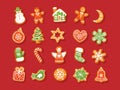 Big set of Christmas and New Year gingerbread cookies. Cartoon hand drawn vector illustration isolated on red background Royalty Free Stock Photo