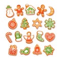 Big set of Christmas and New Year homemade gingerbread cookies coated with colored glaze. Cartoon hand drawn vector illustration