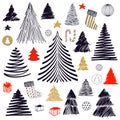 Big set of Christmas Tree doodle. Hand drawn vector graphic sketch illustration. Isolated stock elements for New Year Royalty Free Stock Photo