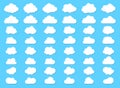 Big set of clouds with shadow. Fluffy clouds with flat bottom collections in flat style isolated on blue background