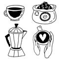 Big set of coffee in hand drawn doodle style. A cup of coffee in the hands, a bag of coffee beans, a cup and a coffee maker. Stock Royalty Free Stock Photo