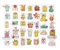 Big set of colored doodle gift boxes