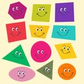 Big set colored geometric shapes with various joyful emotions.