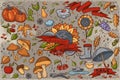 Big set of colored hand-drawn doodles on autumn theme