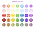 Big set of colorful chakra stickers for wall decoration in. Round icons in golden color for yoga and meditation centers