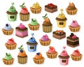 Big set of colorful desserts. Tartlet, cheesecake, mousse Vector illustration