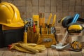 Big set of construction carpentry tools on wooden background Royalty Free Stock Photo