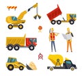 Big set of construction equipment machinery. Special machines for the construction work. Forklifts, tractors, trucks Royalty Free Stock Photo