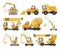 Big set of construction equipment. Special machines for the construction work. Forklifts, cranes, excavators, tractors Royalty Free Stock Photo